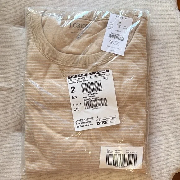J. Crew Soft Striped Crewneck Long Sleeve Pale Oak White Beige Tee Shirt L - Picture 4 of 5
